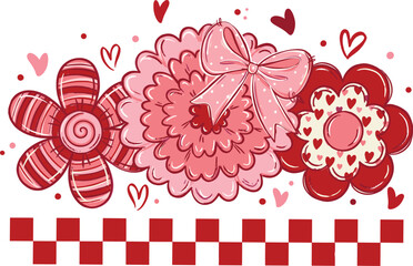 Cute Valentine's Day Floral Border with Pink Bow and Checkered Pattern