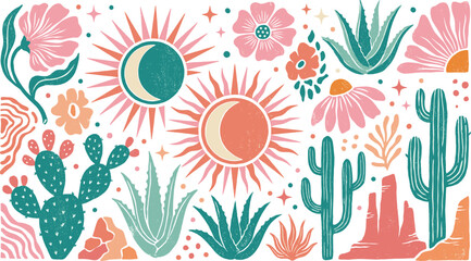 Boho Desert Celestial Illustration with Sun, Moon, Cacti, and Floral Elements
