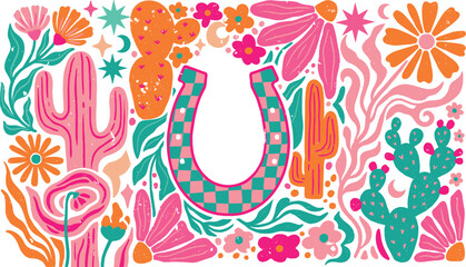 Colorful Western Boho Illustration with Checkered Horseshoe, Cacti, and Flowers