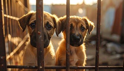 Two sad puppies behind metal fence.