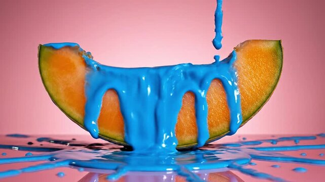 Close-up of fresh cantaloupe with vivid blue liquid splashing. Eye-catching, abstract food art for advertising, design, and healthy lifestyle promotions. Dynamic color contrast, fresh fruit concept.