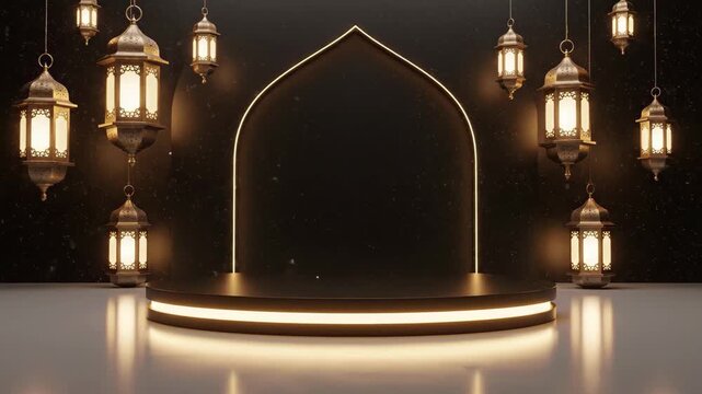 Ramadan or eid celebration stage with glowing arabic lanterns and arch backdrop
