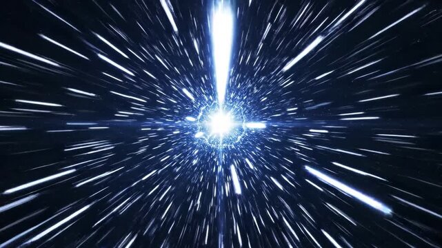 Warp speed tunnel effect with blue energy burst and streaking stars