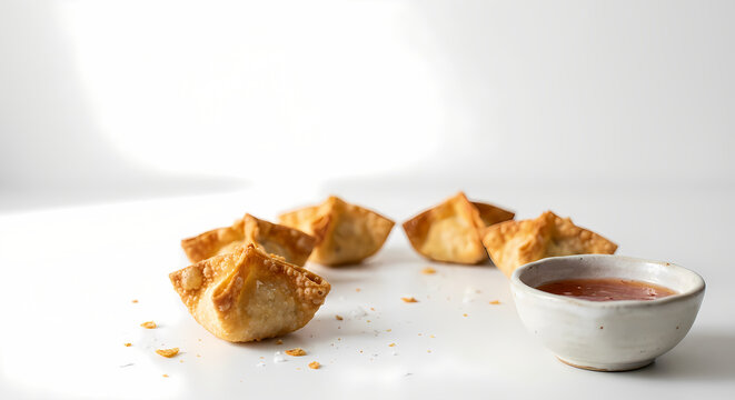 Crab rangoon and dipping sauce on white table