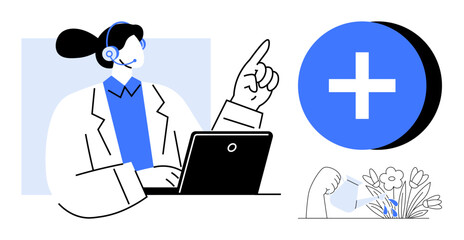 Healthcare theme. Healthcare professional interacting with technology emphasizing wellness, medical assistance, and positive outcomes. Healthcare bridging virtual care, patient support, and personal