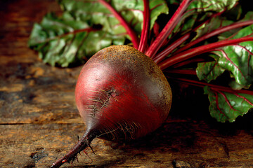 Close-up of fresh beetroot with vibrant green leaves on rustic wooden surface Generative AI