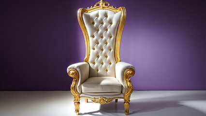 Luxurious Royal Gold and White Tufted Throne on Purple Background