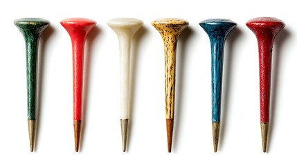 A collection of vintage golf tees in various colors and conditions