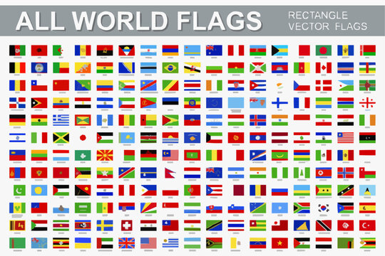 Grid of rectangular world flags with title text overlay