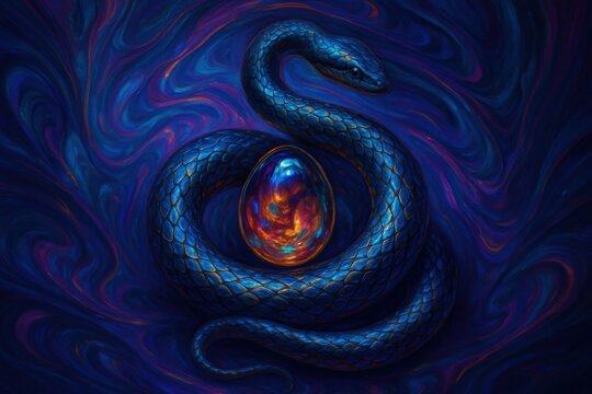 Mystical serpent guarding cosmic egg background