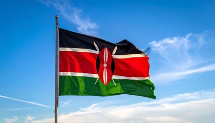 "Kenyan national flag with black, red, green stripes, white borders, and central Maasai shield with spears."