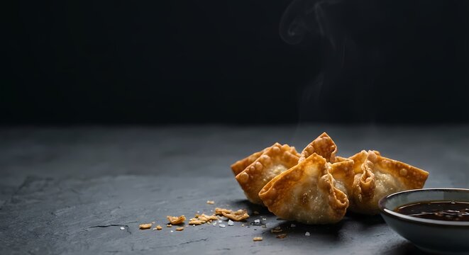 Crab rangoon with dipping sauce on dark slate