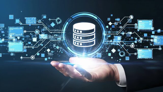 Database with network connections floating above palm in business environment. Digital data storage infrastructure concept with connected nodes and information flow for cloud computing, server