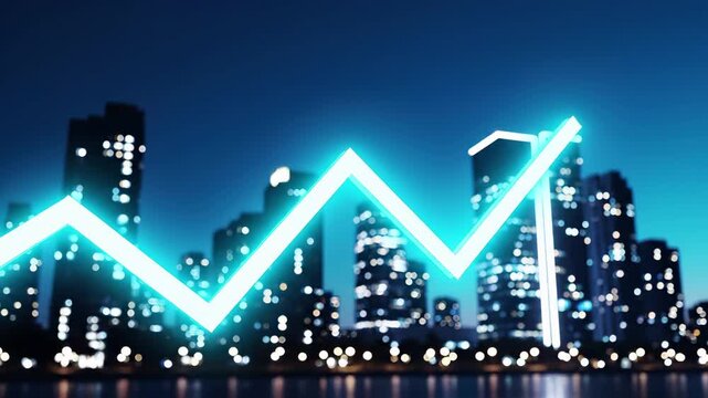 Upward trending arrow chart overlaid on urban skyline at night. Business growth and financial success concept with rising graph line symbolizing economic progress, market performance, and investment