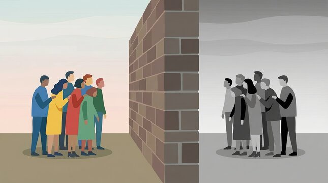 Illustration showcasing a stark contrast between hope and despair in a divided society, symbolized by a wall separating two groups.