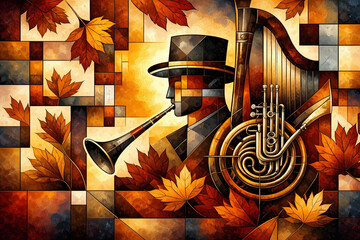AI generated cubist art of jazz musician with trumpet and brass instruments geometric mosaic style autumn leaves warm classic colors creative music mood and clean copy space
