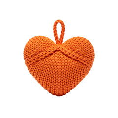 Fototapeta premium Orange knitted heart shaped ornament with a loop for hanging isolated on a transparent background for valentine's day or craft projects