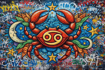 AI generated vibrant graffiti street art mural featuring red crab with cancer zodiac symbol cosmic elements and colorful urban wall expressing identity power culture and astrology