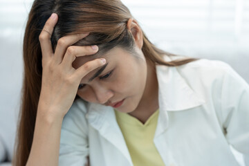 Headache, female having migraine pain, bad health, Asian woman feeling stress and headache, Office...