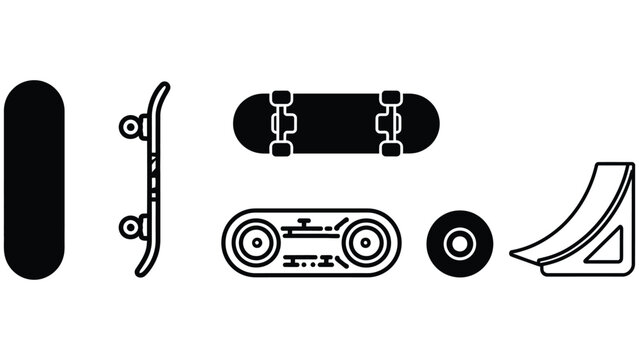 A collection of skateboard parts and accessories on a white background