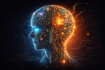 AI generated cyberpunk style human head merged with advanced circuitry and glowing neural networks symbolizing the fusion of human consciousness and intelligent technology