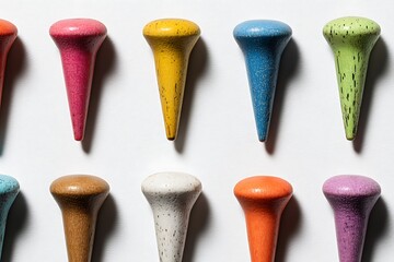 A colorful arrangement of golf tees displayed on a stark white background