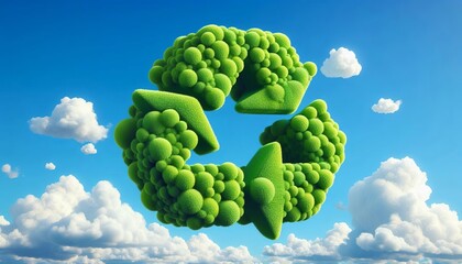 Green bushes, recycling symbol.