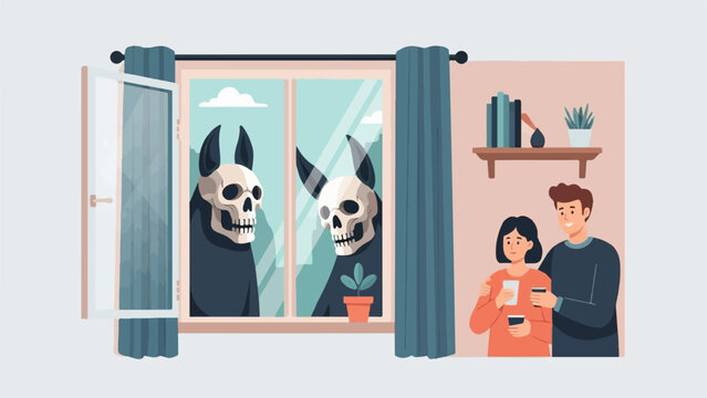 A happy couple is unaware of two horned, skeletal figures watching them through their apartment window