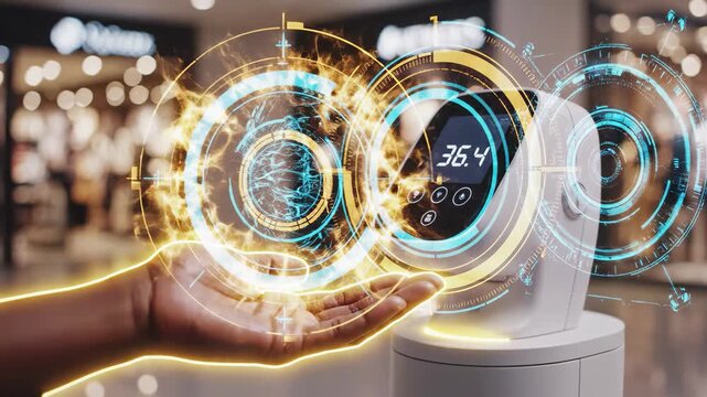 Closeup of hand interacting with futuristic digital thermometer display showing 364 degrees in public space
