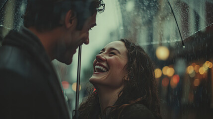 Laughing couple under an umbrella in the rain on a city street