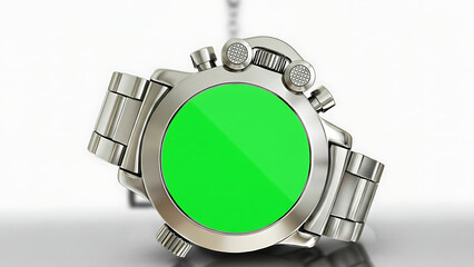 Modern Silver Chronograph Smartwatch with Green Screen Mockup on Metallic Surface
