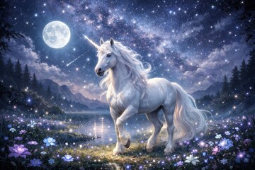 Majestic unicorn under starry sky.