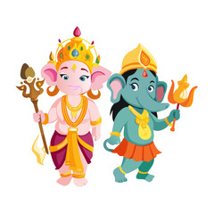 Indian Gods Set, Agni, Ganesha, Indra Idols Cartoon Vector Illustration