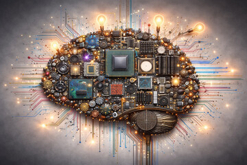 AI generated electronic brain made of circuits microchips and glowing lights symbolizing artificial intelligence data processing innovation and the fusion of human intelligence with modern technology