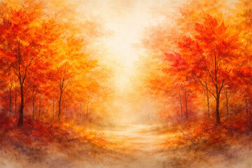AI generated warm autumn forest illustration with orange red and yellow trees soft watercolor texture peaceful mood seasonal transition and open space for design use