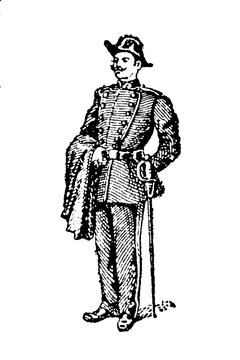 A cadet in full parade uniform of the &Eacute;cole Polytechnique, featuring the distinctive bicorne hat and ceremonial sword, old vintage illustration, 1897