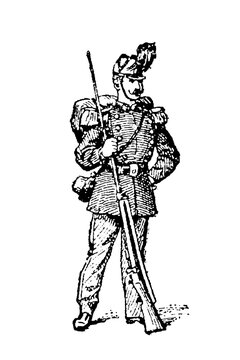 A soldier in full dress uniform of the &Eacute;cole Sp&eacute;ciale Militaire, holding a rifle and demonstrating the formal attire and equipment, old vintage illustration, 1897