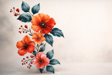 AI generated horizontal botanical artwork featuring orange red flowers with soft gradient petals and deep teal leaves on a clean blurred background ideal for design print and modern decoration