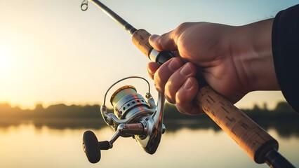 Close-up of a hand holding a fishing rod with a spinning reel against a serene lake at sunset with warm tones.
