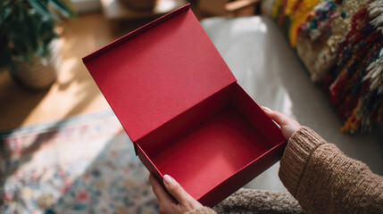 Hands opening a beautiful red gift box for Valentine's Day