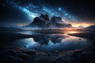 AI generated majestic mountain landscape with reflective lake under starry cosmic sky blending fantasy and sci fi mood conveying serenity mystery and epic natural beauty