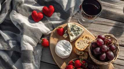Romantic Valentine's Day picnic with cheese, wine, and fruit
