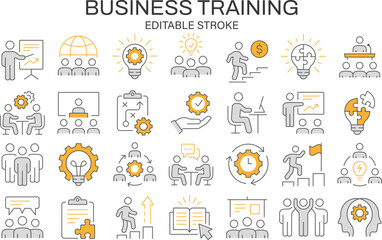 Business training and teamwork icon set. Representing education sessions, collaboration, idea development, leadership growth, and workflow management. Editable stroke outline icons.