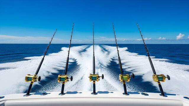Four fishing rods with yellow reels mounted on a white boat speeding through calm blue waters with a clear sky.