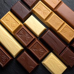 Assorted chocolate bars on dark surface