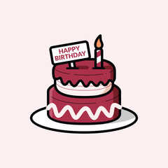Cartoon chocolate birthday cake vector for celebration. Cute party dessert with candles and icing glaze. Sweet food illustration. Simple pastry graphic.