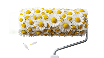 A creative paint roller covered in white daisies on a black background