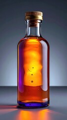 Glowing liquor in bottle against gray