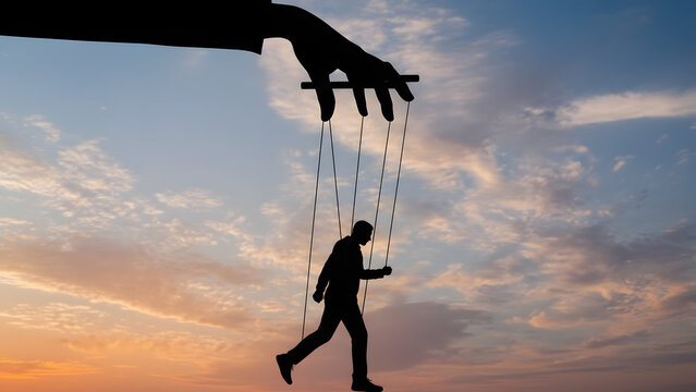 Silhouette of a large hand controlling a human puppet with strings against a dramatic sunset sky, symbolizing manipulation and lack of freedom.