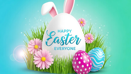 A colorful Easter egg with bunny ears and flowers in the grass with a happy message